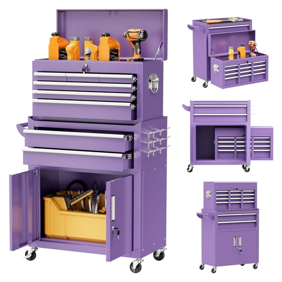 SUNCROWN 8 Drawers Tool Chest with Wheels, Assembled Large Tool Cabinet with Drawers, Rolling Tool Chest, Locking Mechanic Tool Cart with Black Liner for Warehouse, Workshop (Purple)