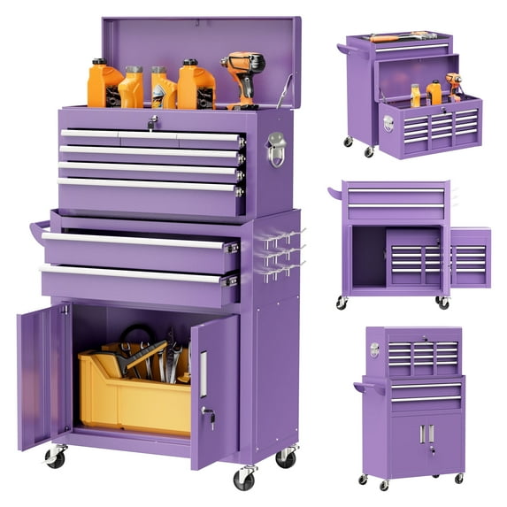 SUNCROWN 8 Drawers Tool Chest with Wheels, Assembled Large Tool Cabinet with Drawers, Rolling Tool Chest, Locking Mechanic Tool Cart with Black Liner for Warehouse, Workshop (Purple)