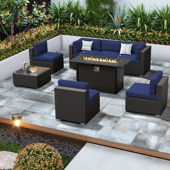 SUNCROWN 8-Piece Outdoor Patio Furniture Sofa Set All-Weather Wicker Sectional Conversation Set with Modern Glass Coffee Table, Cushions and Fire Pit Table, Dark Blue