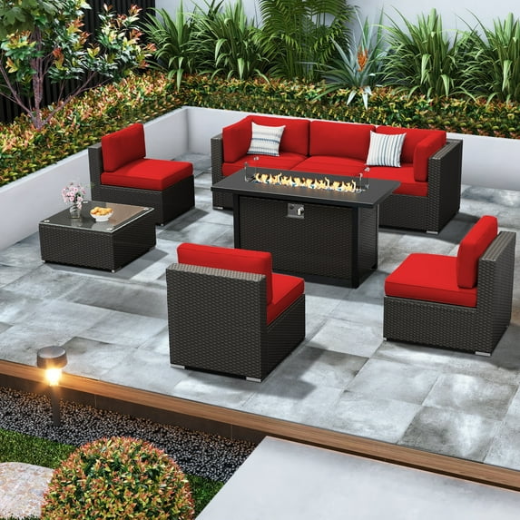 SUNCROWN 8-Piece Outdoor Patio Furniture Sofa Set All-Weather Wicker Sectional Conversation Set with Modern Glass Coffee Table, Cushions and Fire Pit Table, Red
