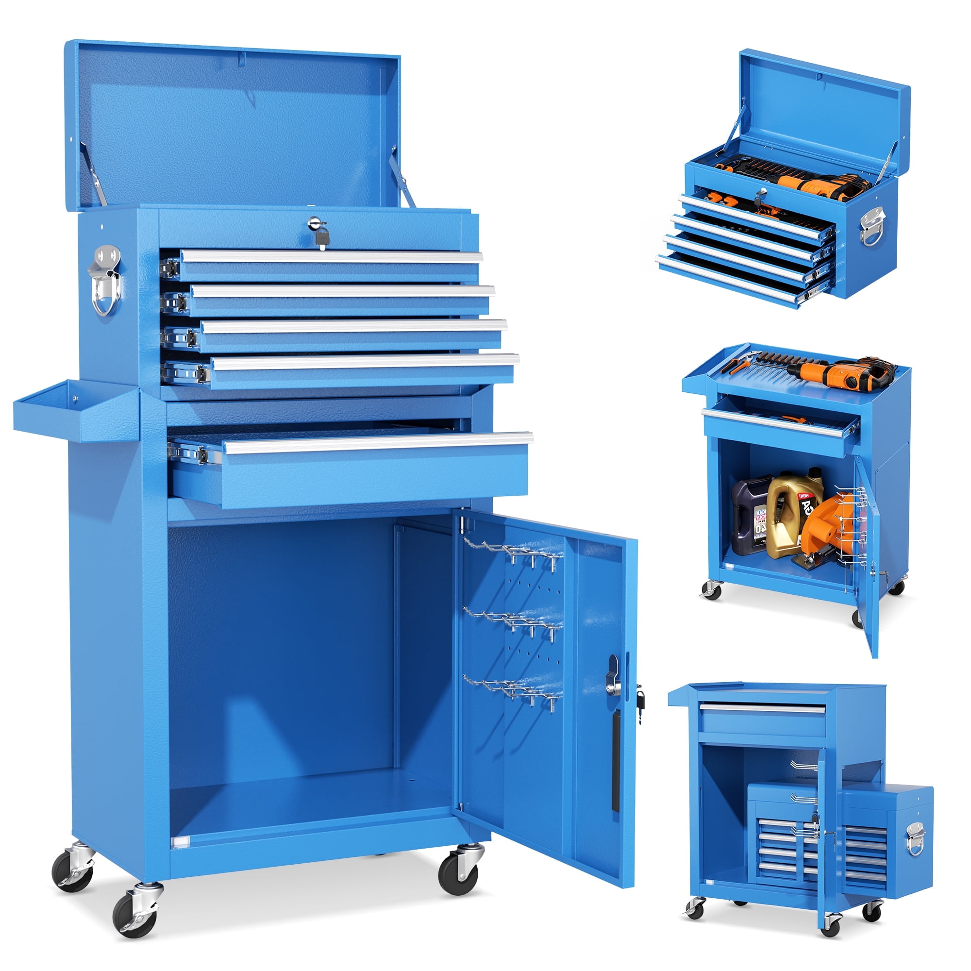 SUNCROWN Red Roller Toolbox, 5-Drawer Detachable Top