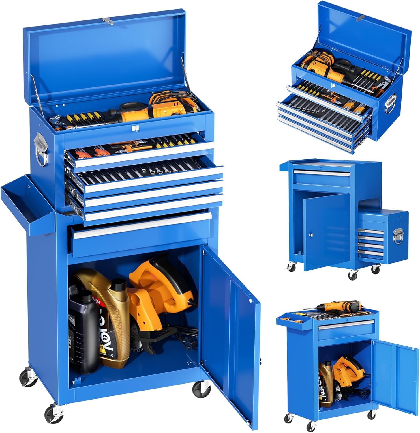SUNCROWN 5-Drawer Rolling Tool Chest, Storage Cabinet with Detachable Top Tool Box, Tool Chest with Universal Lockable Wheels, Metal Tool Cart for, Workshop, Barbershop（Blue）
