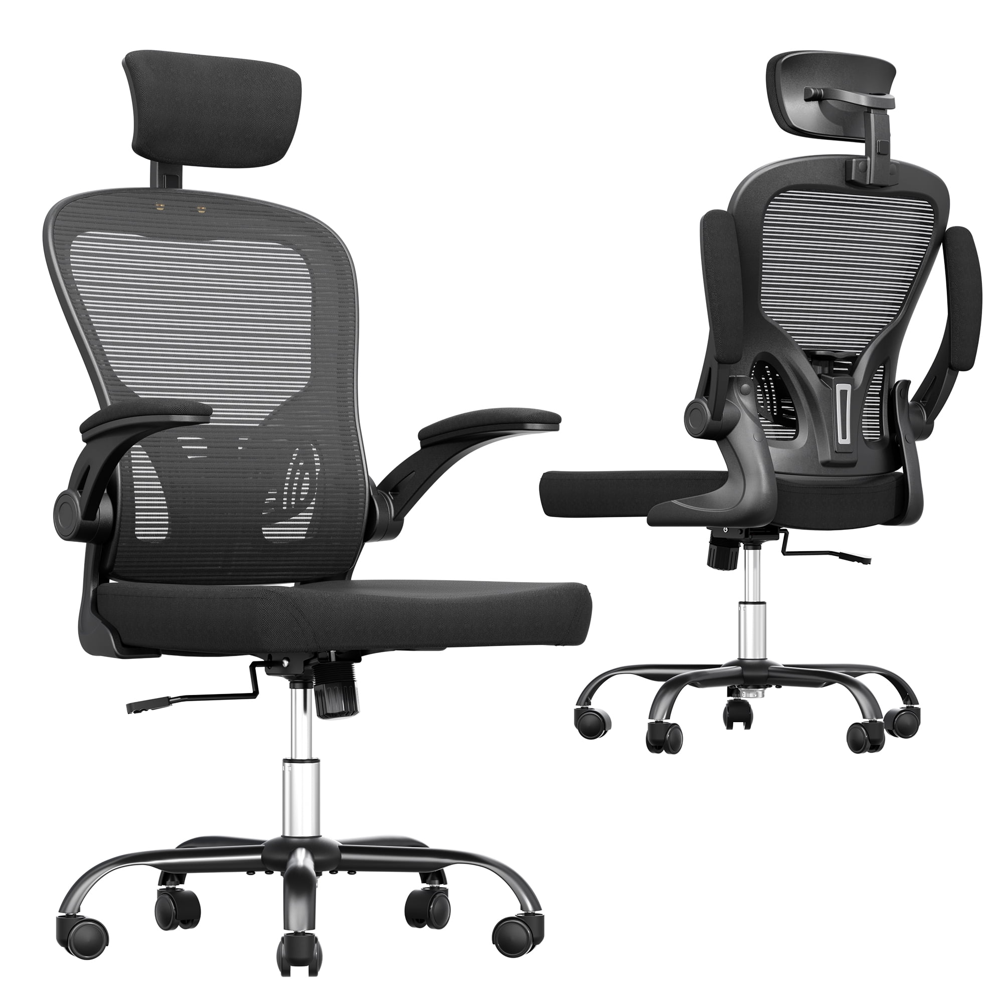 SUNCROWN Ergonomic Mesh Office Chair with Adjustable Headrest, High-Back Breathable Desk Chair with Flip-Up Arms, Lumbar Support, Comfortable Fabric Seat for Home Office, Black