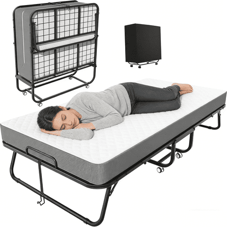 SUNCROWN Folding Bed with Mattress, 75" x 38"Twin Size Folded Bed, 5" Thick, Foldable Twin Bed for Adults, Portable Roll Away Guest Beds - Foldaway Bed Frame for Guest Room, Small Apartment