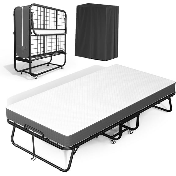SUNCROWN Folding Bed with Mattress, 75” x 38” Portable Rollaway Bed, Space-Saving Sturdy Metal Frame, Fold up Bed with 5" Memory Foam Mattress