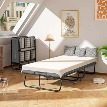 Folding Bed with Mattress, Rollaway Guest Bed w/Metal Frame, Memory ...