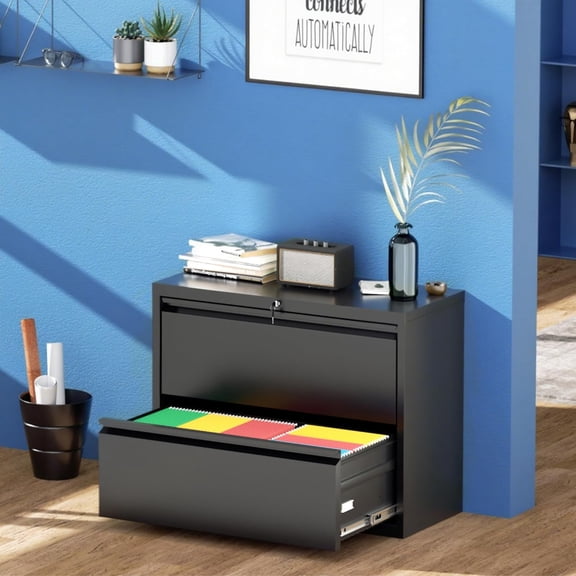 SUNCROWN Lateral File Cabinet 2 Drawer, Lockable Metal Filing Cabinet for Home Office, Black Metal File Cabinet with Lock for Legal/Letter/A4/F4 Size with Hanging Bars&Key