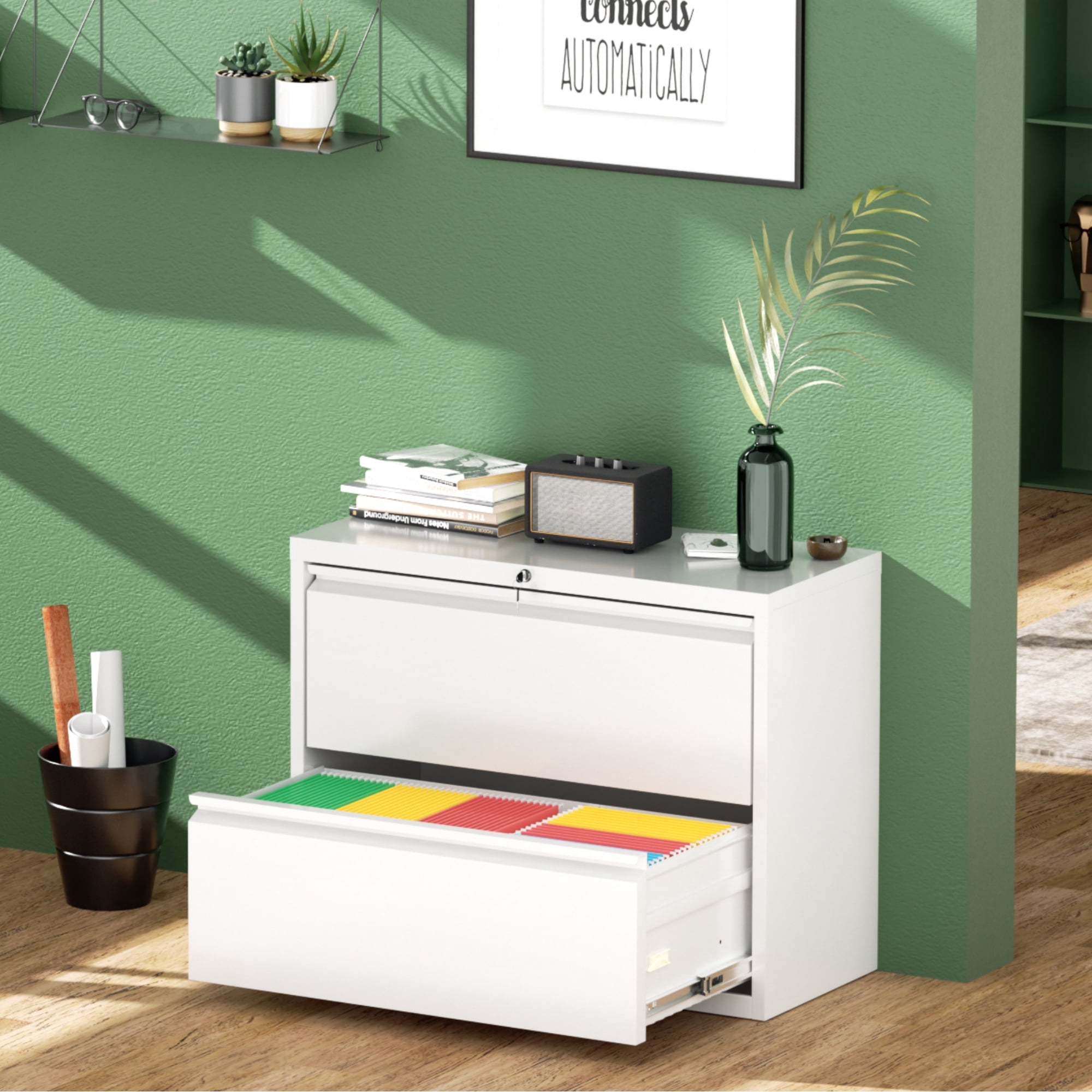 SUNCROWN Lateral File Cabinet 2 Drawer, Lockable Metal Filing Cabinet for Home Office, White Metal File Cabinet with Lock for Legal/Letter/A4/F4 Size with Hanging Bars&Key