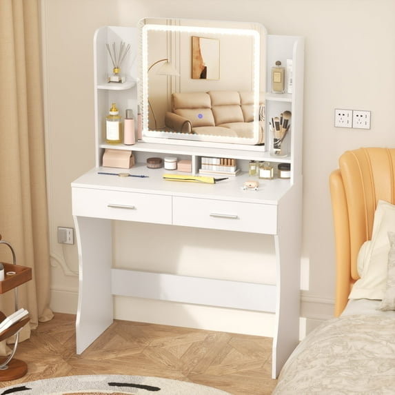 SUNCROWN Makeup Vanity Desk, White Vanity Table with Mirror and 3 Lighting Color Adjustable, 2 Drawers & Storage Shelves Dressing Table for Girl, Women, Bedroom