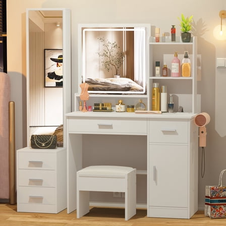 SUNCROWN Makeup Vanity with Lights and 2 Mirror, White Vanity Table with 3 Lighting Modes and Stool Set, Large Dressing Table with Drawers, Vanity Desk for Women and Girl(Black)