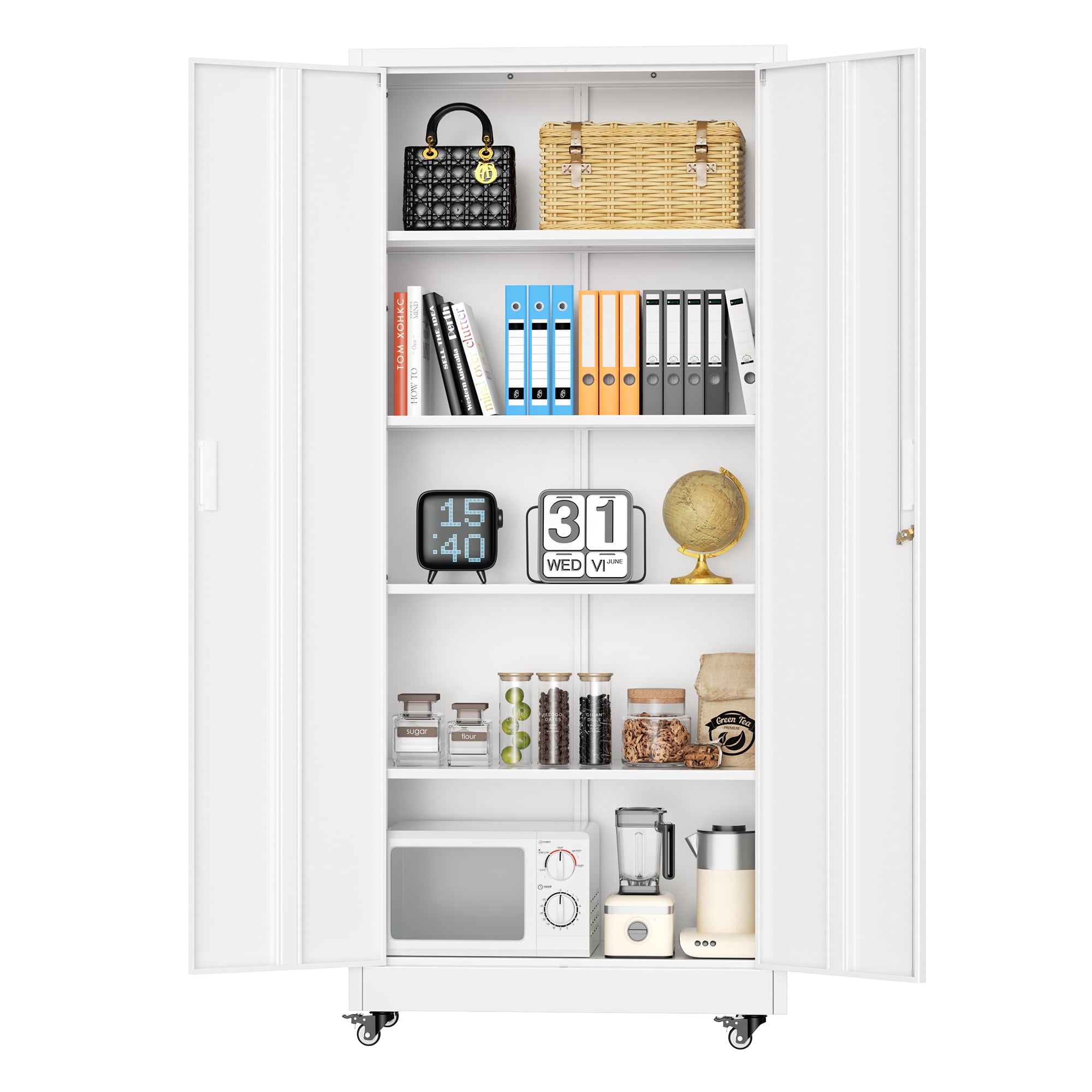 SUNCROWN Metal Garage Cabinets with Wheels,74" Rolling Storage Cabinet  and Shelves, Tall Tool Cabinet with Locking Doors for Garage,Home Office,Warehouse(White)