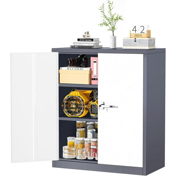 SUNCROWN Metal Storage Cabinet, 42" Metal Locking Cabinet with Doors and 2 Adjustable Shelves, Small Steel Cabinets with Lock for Office, Garage, Home, School (White Grey)