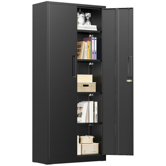 SUNCROWN Metal Storage Cabinet, 63" H Locking Metal Storage Cabinet with Doors and 4 Shelves, Lockable Steel Cabinets for Kitchen, Bedroom, Living Room, Office (Black)