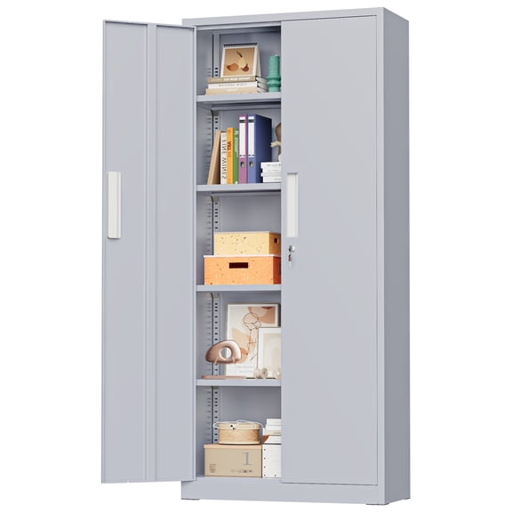 SUNCROWN Metal Storage Cabinet, 63" H Locking Metal Storage Cabinet with Doors and 4 Shelves, Lockable Steel Cabinets for Kitchen, Bedroom, Living Room, Office (Cement Gray)