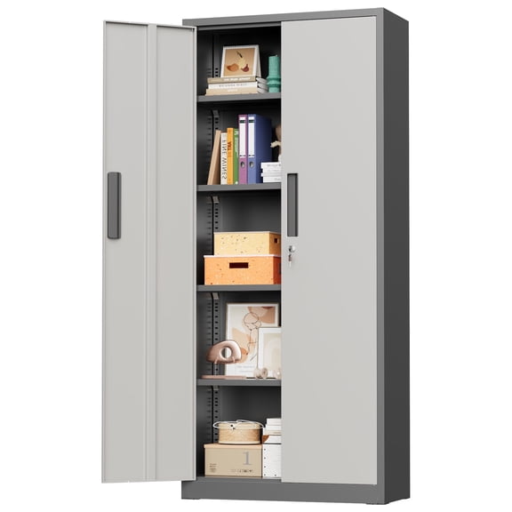 SUNCROWN Metal Storage Cabinet, 63" H Locking Metal Storage Cabinet with Doors and 4 Shelves, Lockable Steel Cabinets for Kitchen, Bedroom, Living Room, Office (Modern Grey)