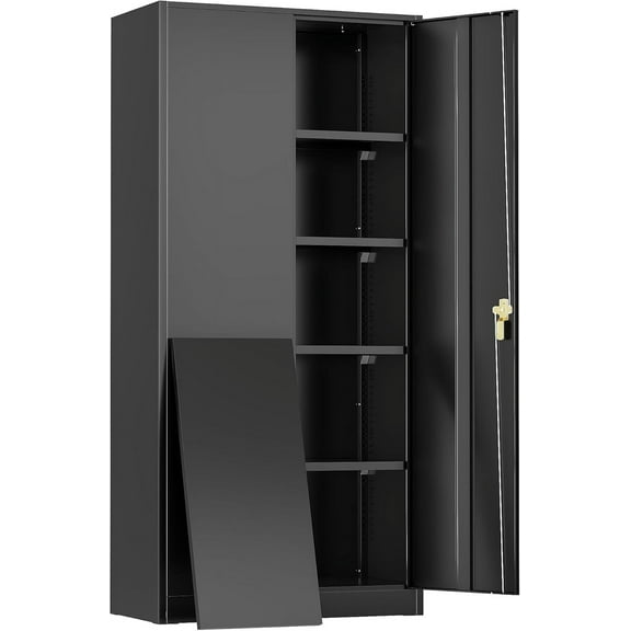 SUNCROWN Metal Storage Cabinet, 72" Black Steel Garage Cabinet with Doors and Adjustable Shelves, Metal Cabinet with Lock,Garage Cabinets and Storage System for Garage,Home Office,School