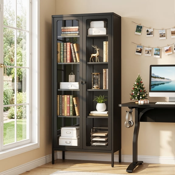 SUNCROWN Metal Storage Cabinet, Curio Display Cabinet with 2 Glass Display Door and 4 Shelves, Side Storage Organize, Modern Bookshelf Cabinet for livingroom, Bedroom, Kitchen, Black