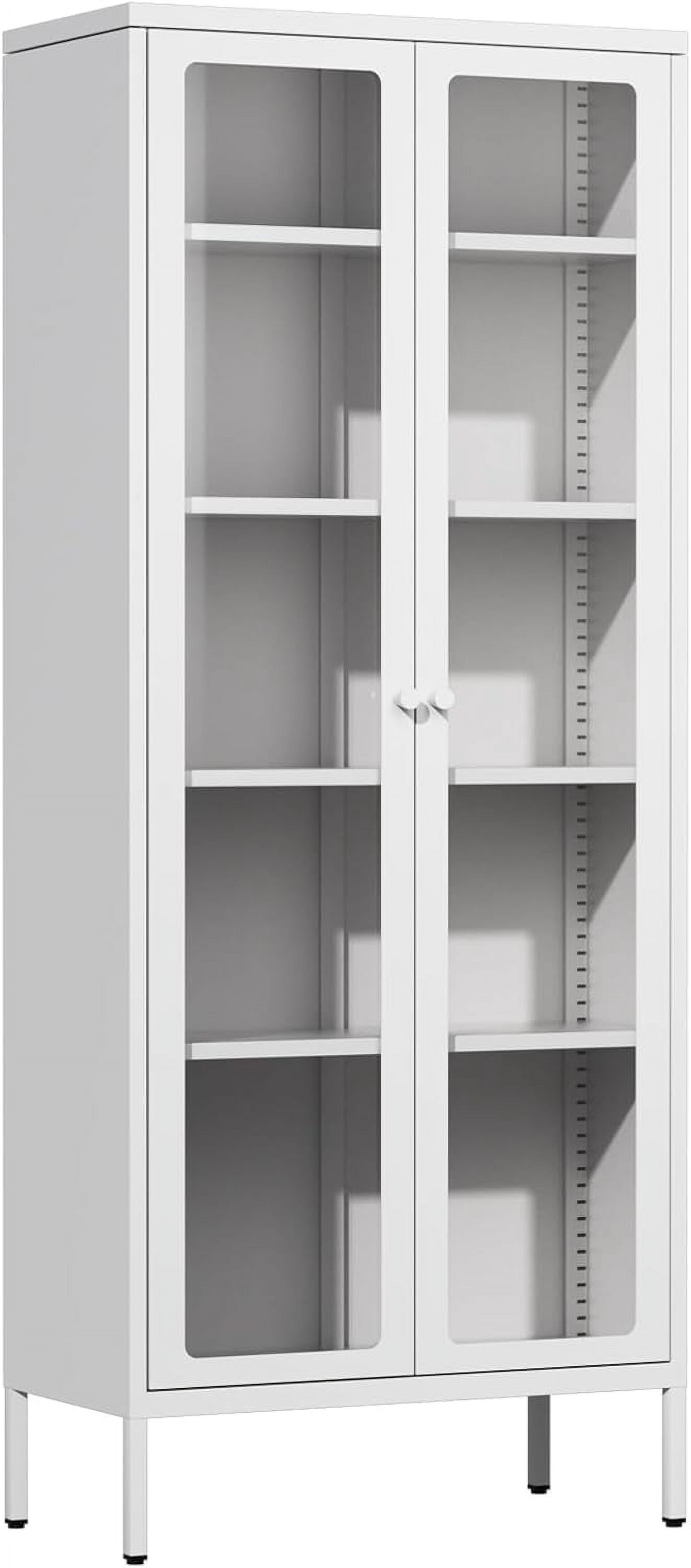 SUNCROWN Metal Storage Cabinet, Curio Display Cabinet with 2 Glass Display Door and 4 Shelves, Side Storage Organize, Modern Bookshelf Cabinet for livingroom, Bedroom, Kitchen, White
