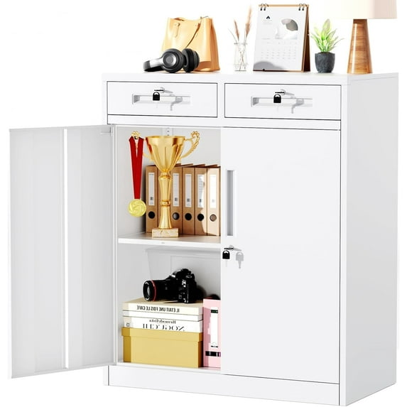 SUNCROWN Metal Storage Cabinet with Drawers, 42" H Steel Locking Storage Cabinet with Doors and Adjustable Shelves, Lockable Metal File Cabinet for Home Office, School, Garage (White)