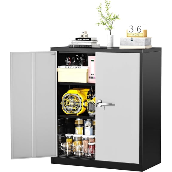 SUNCROWN Metal Storage Cabinet with Lock, 36" Metal Locking Cabinet with Doors and 2 Adjustable Shelves, Small Lockable Steel Cabinets for Office,Garage, Home, School (Black Grey)