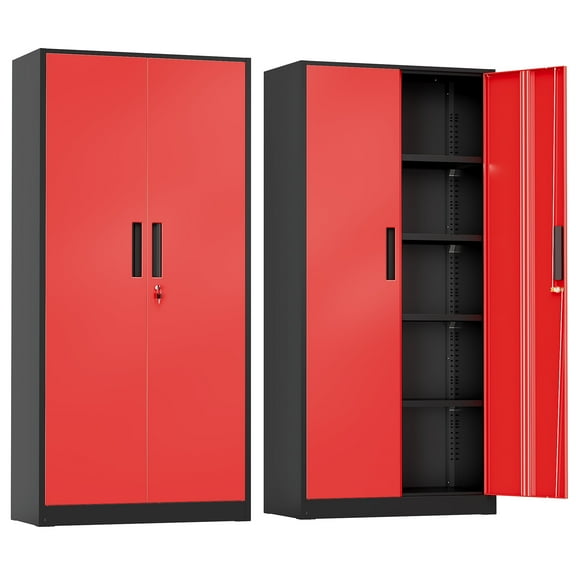 SUNCROWN Metal Storage Cabinet with Lock, Tall Steel Cabinets with 2 Doors and 4 Adjustable Shelves,Lockable Steel Storage for Home Office, Garage, Warehouse (Black Red)