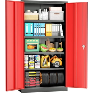 SUNCROWN Metal Storage Cabinet with Lock, Tall Steel Cabinets with 2 Doors and 4 Adjustable Shelves,Lockable Steel Storage for Home Office, Garage, Warehouse (Black Red)