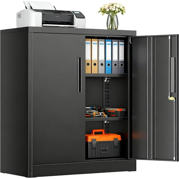 SUNCROWN Metal Storage Cabinet with Locking Doors, Lockable Cabinet with 2 Doors and Shelves, Black Cabinet with Lock, Small Steel Cabinet for Office, Garage, Home, Shop