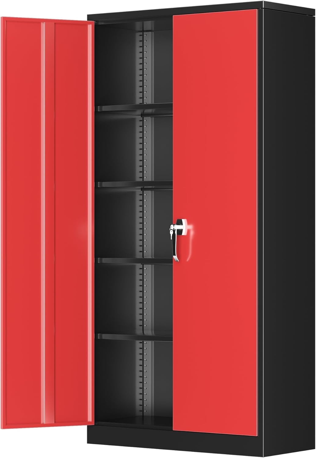 SUNCROWN 72" Metal Storage Cabinet, Locking Steel Cabinets with 2 Doors and 4 Adjustable Shelves,Tall Steel Storage for Home Office, Garage,Warehuse (Black Red)