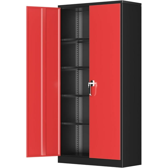 SUNCROWN 72" Metal Storage Cabinet, Locking Steel Cabinets with 2 Doors and 4 Adjustable Shelves,Tall Steel Storage for Home Office, Garage,Warehuse (Black Red)