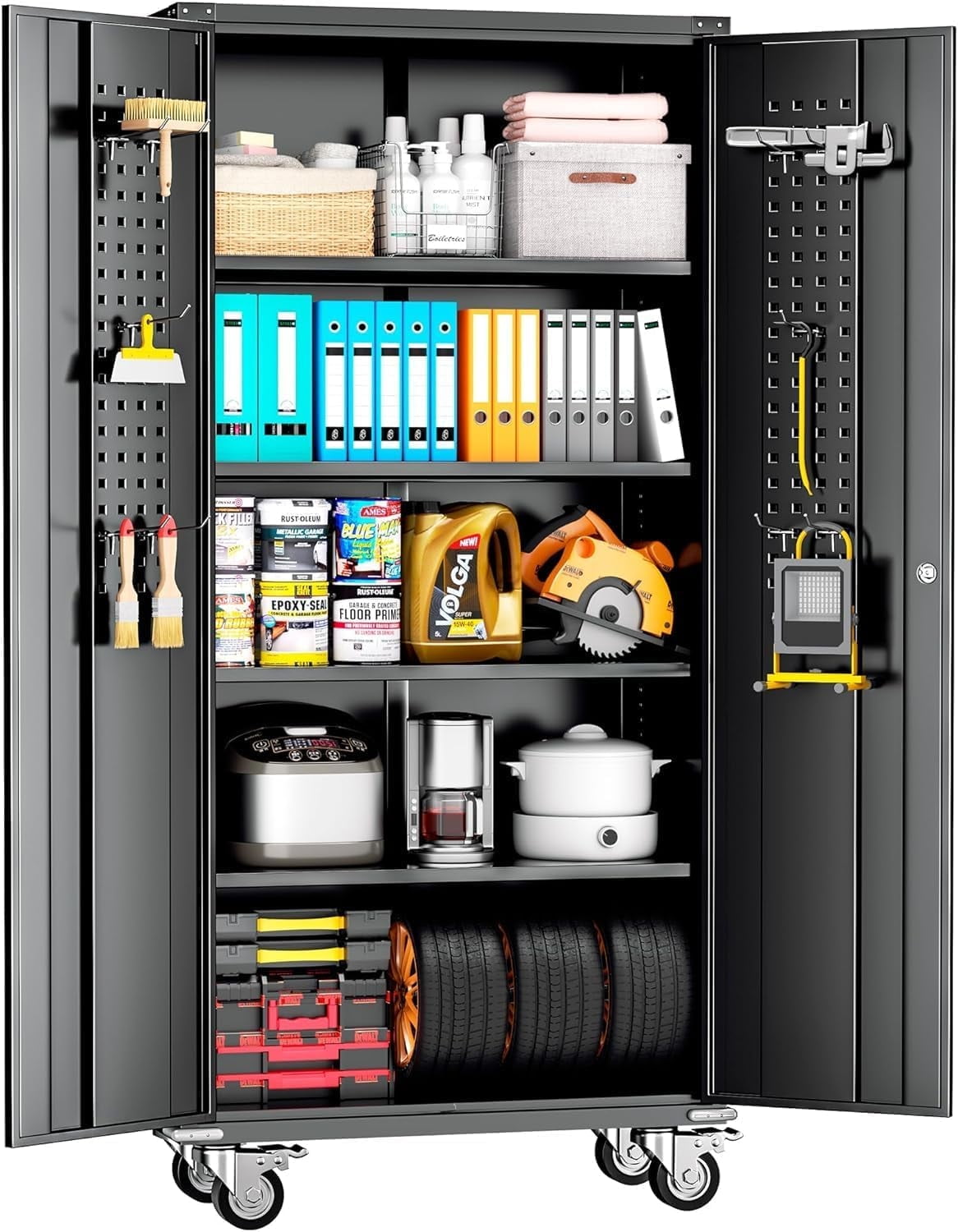 SUNCROWN Metal Storage Cabinet with Wheels,72” Black Garage Storage Cabinet with Pegboards and Wheels, Rolling Tool Cabinet with Locking Doors and Shelves for Home,Basement, Kitchen Pantry,Warehouse