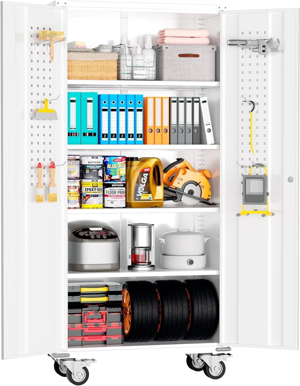 SUNCROWN Metal Storage Cabinet with Wheels,72” White Garage Storage Cabinet with Pegboards and Wheels, Rolling Tool Cabinet with Locking Doors and Shelves for Home,Basement, Kitchen Pantry,Warehouse