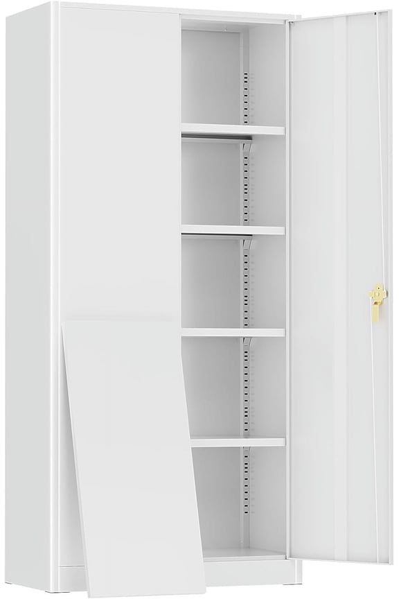 SUNCROWN Metal Storage Cabinets with Lock, Tool Cabinet, 72" Locking Steel Storage, Tall Locker Organizer Garage Cabinets with 2 Doors and 4 Shelves for Home,Office,Warehouse,Garage,School(White)