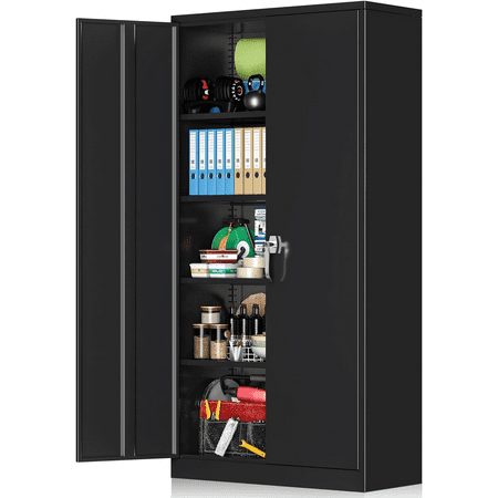 SUNCROWN Metal Storage Garage Cabinets with 4 Adjustable Metal Garage Cabinets with Doors and Shelves, Tall Locking Steel Cabinet for Tools, Office, Home, Shops,Black