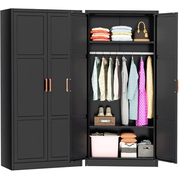 SUNCROWN Metal Wardrobe Cabinet with Wooden Handle, 72" Black Metal Wardrobe Closet with Hanging Rods and Adjustable Shelves, Clothing Storage Closet Cabinet for Home, Office, Employee, Gym