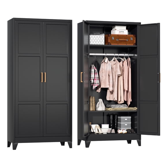 SUNCROWN Metal Wardrobe Cabinet with Wooden Handle, 72" Black Metal Wardrobe Closet with Hanging Rods and Adjustable Shelves, Clothing Storage Closet Cabinet for Home, Office, Employee, Gym