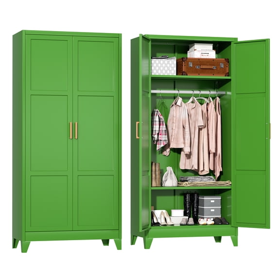 SUNCROWN Metal Wardrobe Cabinet with Wooden Handle, 72" Metal Wardrobe Closet with Hanging Rods and Adjustable Shelves, Clothing Storage Closet Cabinet for Home, Office, Employee, Gym (Green)
