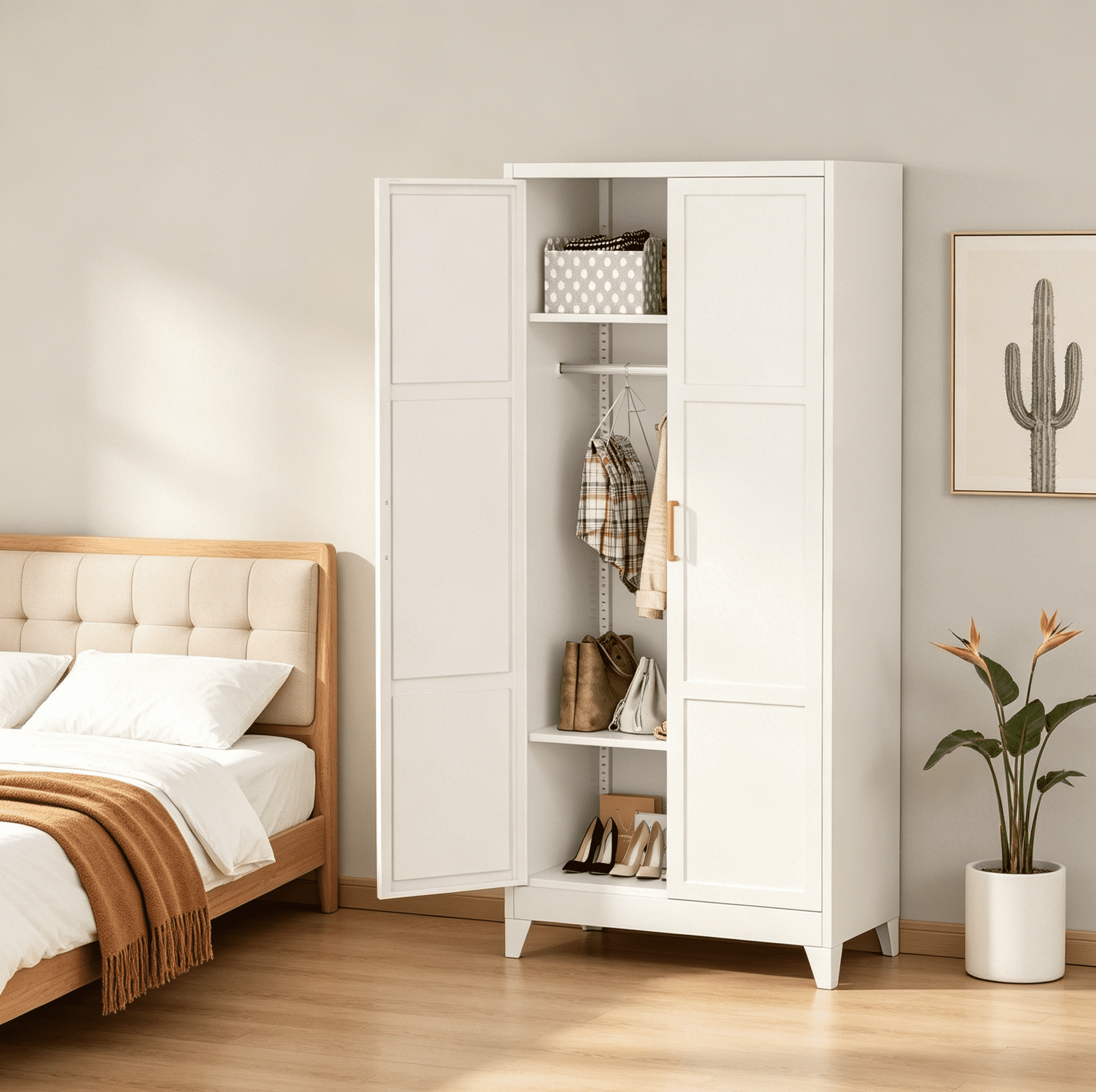 SUNCROWN Metal Wardrobe Cabinet with Wooden Handle, 72" Metal Wardrobe Closet with Hanging Rods and Adjustable Shelves, Steel Storage Locker Closet for Home, Office, Employee, Gym (White)