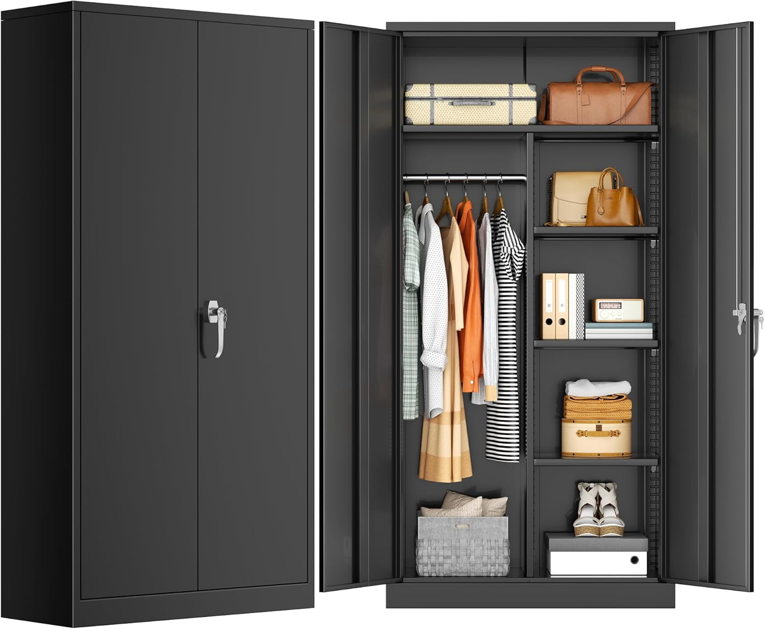 SUNCROWN Metal Wardrobe Closet with Lock, Clothing Locker, 72" H Storage Cabinets for Home Office, School, Employee, Gym, Government, Broom (Black)
