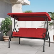 SUNCROWN Outdoor 3 in 1 Porch Swing Chair, 3 Seat Patio Swing Glider with Adjustable Canopy, Heavy Duty Swings with Thickened Cushions, Pillows & Cup Holders for Backyard, Porch, Garden,Red
