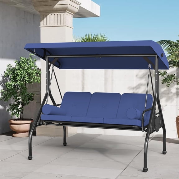 SUNCROWN Outdoor 3 in 1 Porch Swing Chair, 3 Seat Patio Swing Glider with Adjustable Canopy, Heavy Duty Swings with Thickened Cushions, Pillows & Cup Holders for Backyard, Porch, Garden,Dark Blue