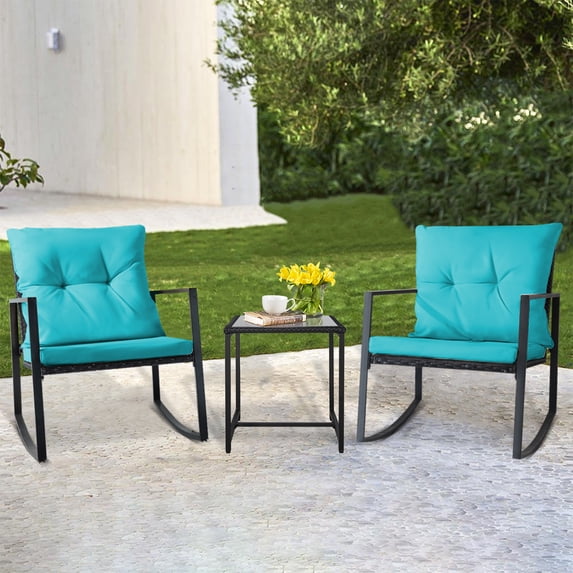 SUNCROWN Outdoor 3-Piece Rocking Bistro Set, Black Wicker Furniture-Two Chairs with Glass Coffee Table (Light Blue Cushion)