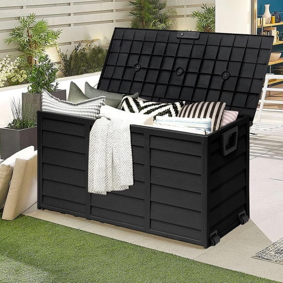 SUNCROWN Outdoor 75 Gallon Storage Deck Box, Weatherproof Woodgrain Patio Storage Box for Balcony, Garden, Backyard (Black)