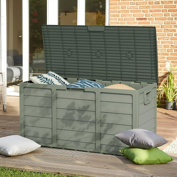 SUNCROWN Outdoor 75 Gallon Storage Deck Box, Weatherproof Woodgrain Patio Storage Box for Balcony, Garden, Backyard (Green)