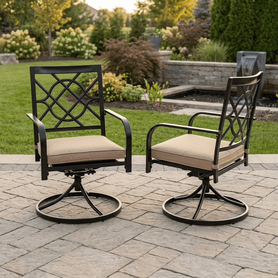 SUNCROWN Outdoor Dining Swivel Black Wrought IronChairs with Cushions Patio Metal Rocker Chairs (Set of 2 )