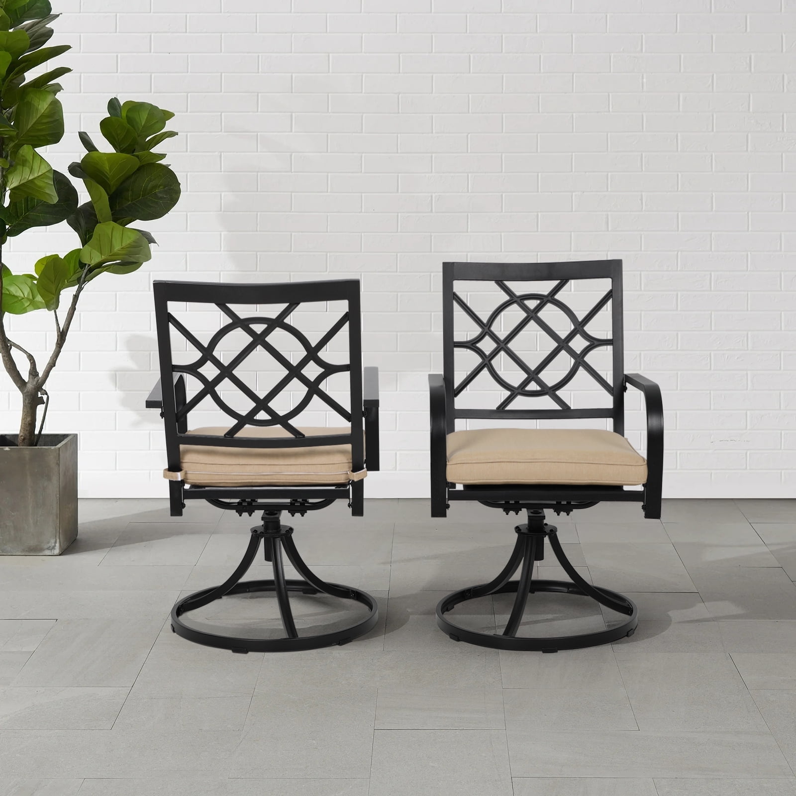 Brown Metal Swivel Dining Chairs with Cushions, Set of 2