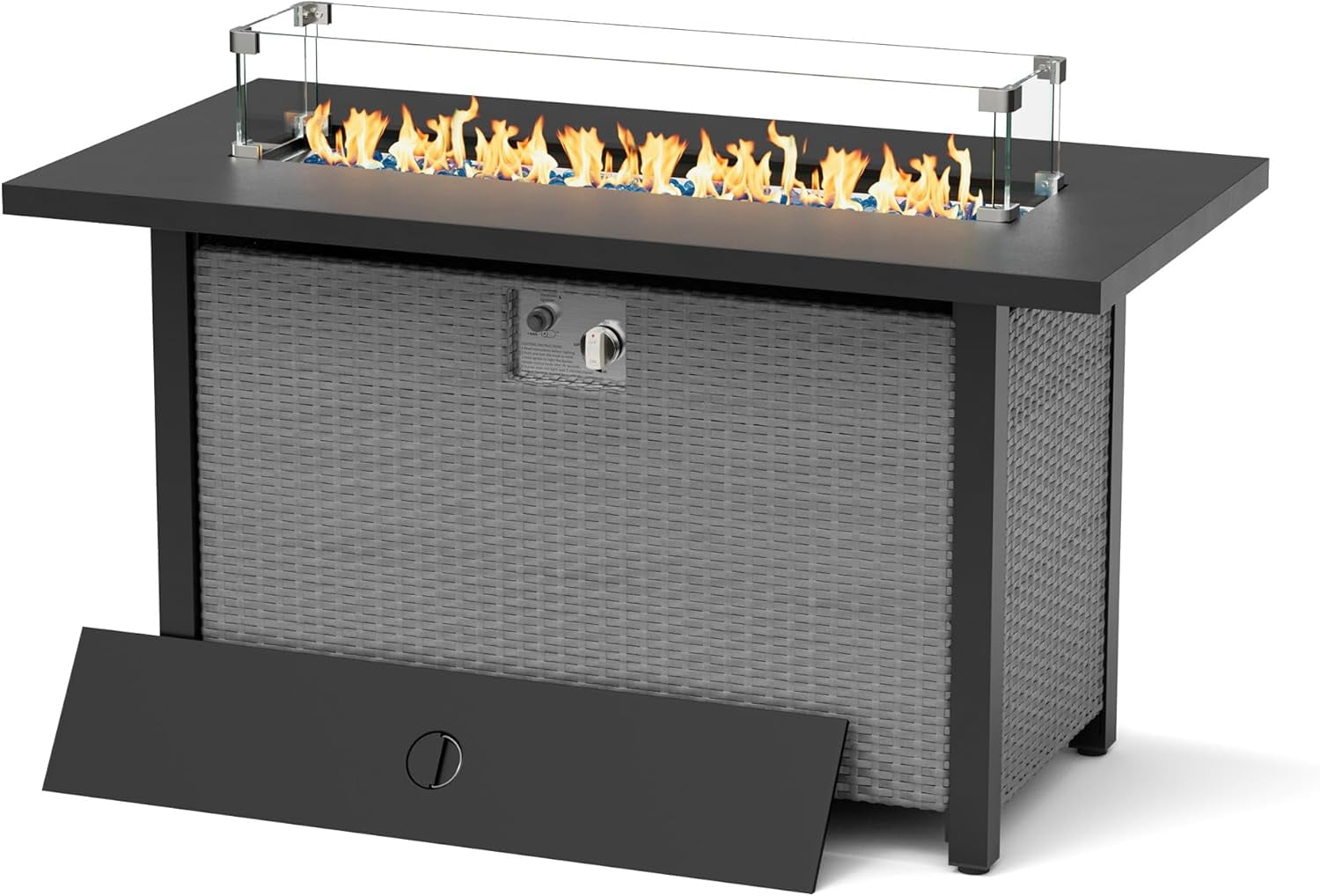 SUNCROWN Outdoor Fire Pit Table, 45in 50,000 BTU Wicker Patio Propane Gas Fire Pit with Glass Wind Guard, Aluminum Tabletop, Firepit Lid, Blue Clear Glass Rocks and Waterproof Cover, Grey
