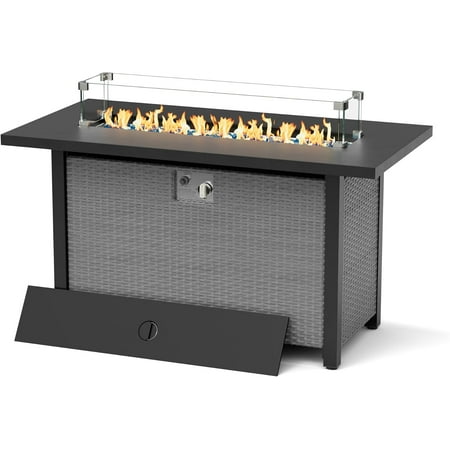 SUNCROWN Outdoor Fire Pit Table, 45in 50,000 BTU Wicker Patio Propane Gas Fire Pit with Glass Wind Guard, Aluminum Tabletop, Firepit Lid, Blue Clear Glass Rocks and Waterproof Cover, Grey