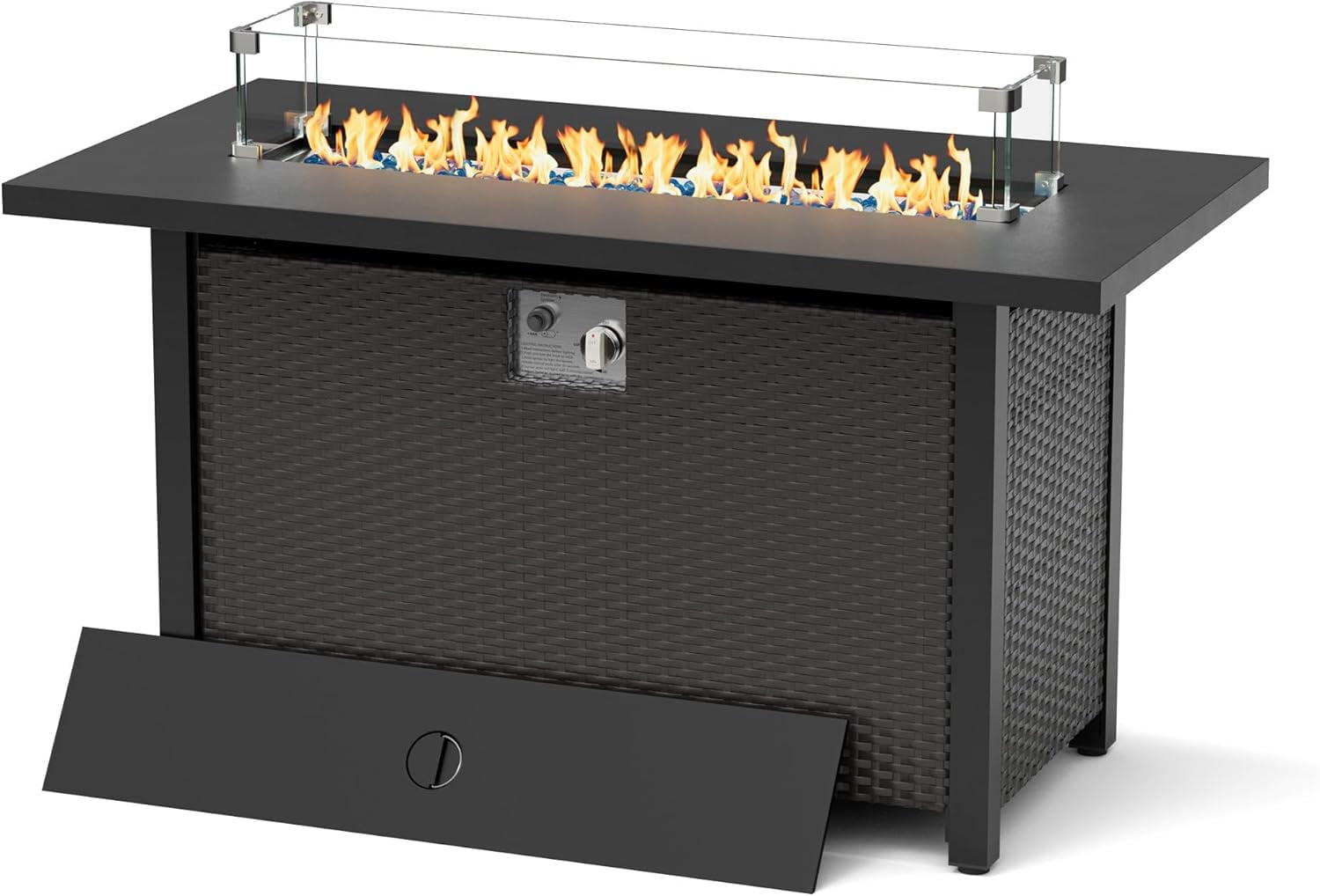 SUNCROWN Outdoor Fire Pit Table, 45in 50,000 BTU Wicker Patio Propane Gas Fire Pit with Glass Wind Guard, Aluminum Tabletop, Firepit Lid, Blue Clear Glass Rocks and Waterproof Cover, Black