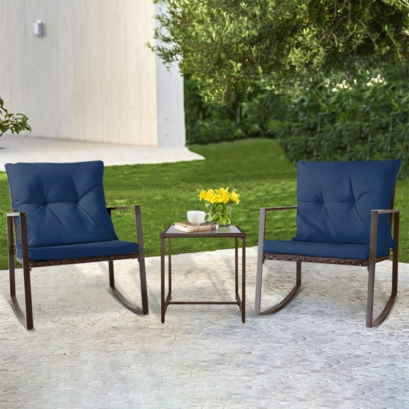 SUNCROWN Outdoor Furniture 3-Piece Rocking Bistro Set Brown Wicker with Cushions & Glass Coffee Table (Navy Blue)
