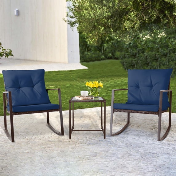 SUNCROWN Outdoor Furniture 3-Piece Rocking Bistro Set Brown Wicker with Cushions & Glass Coffee Table (Navy Blue)